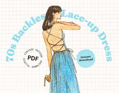 a drawing of a woman in a blue dress with her hand on her hip and the words, braless lace - up dresses