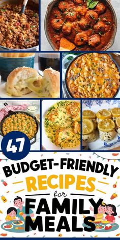 the cover of budget - friendly recipes for family meals, with pictures of different dishes