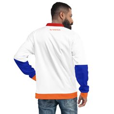 Show your Dutch pride with this unique all-over print bomber jacket! Fly your national colors with this eye-catching unisex bomber jacket, fully printed with the Dutch flag. The jacket is perfect for wearing during sporting events and patriotic holidays to show your support for the Netherlands. View more The Netherlands flag items Perfect for: European & World Championships football: Show your pride while cheering on the Dutch national team! Olympics: Show your fellow countrymen that you're behi White Long Sleeve Varsity Jacket For Sports Events, White Track Jacket With Baseball Collar For Sports, White Track Jacket With Ribbed Cuffs For Sports Events, Dutch Flag, Netherlands Flag, Flag Colors, Sport Event, The Netherlands, Puerto Rico