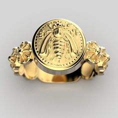 Discover this exquisite Italian Gold ring featuring a stunning reproduction of an ancient Greek Bee coin. This unique piece is not just jewelry; it's a work of art, handcrafted to order with the utmost care and precision. Bees served as a prominent symbol in Ephesos, an ancient Greek city situated on the western coast of Turkey. Ephesos held a significant role as a religious hub dedicated to the worship of the Greek goddess Artemis, and the imagery depicted on Ephesian coins consistently reinfor Luxury Coin-shaped Intaglio Jewelry, Luxury Carved Yellow Gold Signet Ring, Ancient Yellow Gold Jewelry For Ceremonial Occasions, Ancient Style Yellow Gold Jewelry For Ceremonial Occasions, Ancient Style Yellow Gold Ceremonial Jewelry, Luxury Gold Jewelry With Historical Design, Ceremonial 14k Gold Jewelry With Historical Design, Carved Symbolic Yellow Gold Jewelry, Yellow Gold Symbolic Carved Jewelry