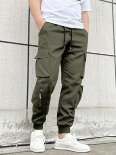 Army Green Street Collar  Polyester Plain Cargo Pants Embellished Non-Stretch Spring/Summer/Fall Men Bottoms Green Cargo Pants Outfit, Celana Kargo, Celana Fashion, Mens Casual Dress Outfits, Green Cargo Pants, Men Stylish Dress