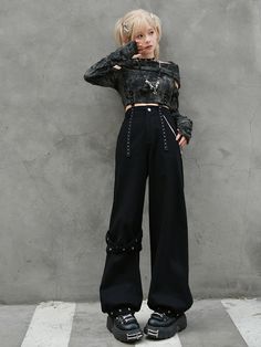 Elevate your edgy streetwear game with our Crisscross Straps Black Asymmetrical Wide Leg Pants. These statement pants feature a unique asymmetrical design that adds a modern twist to the classic wide-leg silhouette. The crisscross straps provide an eye-catching detail, while the detachable chains offer versatile styling options. Pair them with a fitted top and chunky boots for a complete, bold ensemble. Garment Size SizeSMLFull Length100102106Waist626670Hips909498Cuff474951Rise31.632.232.8 Gothic Wide Leg Bottoms For Streetwear, High Waist Emo Bottoms For Fall, Edgy Wide-leg Pants For Alternative Fashion, Emo High Waist Bottoms For Streetwear, Emo High Waisted Streetwear Bottoms, Edgy High Waist Pants For Streetwear, Emo High Waist Streetwear Bottoms, High Waist Emo Pants For Streetwear, Emo High-waist Streetwear Bottoms