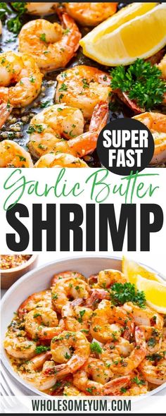 garlic butter shrimp recipe with lemon wedges and parsley