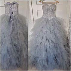 Custom Made Worn Once For About Two Hours. Like New Condition. Very Beautiful!! Sweetheart Sequins Top Build-In Bra Lace Up Back (So The Size Is Adjustable, It Fits Us Size 2-6) Puffy Bottom Silver Tulle Dress For Prom Season, Silver Dress For Wedding And Prom Season, Glamorous Silver Ball Gown For Wedding, Embellished Gray Evening Dress For Wedding, Silver Wedding Dress With Sweetheart Neckline, Silver Ball Gown Evening Dress With Fitted Bodice, Silver Glamorous Ball Gown For Prom, Glamorous Silver Ball Gown For Prom, Silver Ball Gown For Party