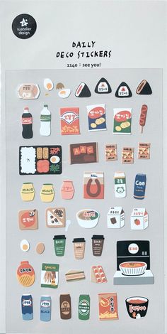 an assortment of food stickers on a white sheet with the words tasty decals