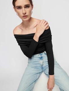 Feel fancy (without any of the effort). This fold-over off the shoulder top has an easy, draped fit for a perfectly undone vibe. (This one comes in Jet Black.) | Women's Abana Off Shoulder Top in Jet Black | Ethical Essentials Chic Ruched Off-shoulder Long Sleeve Top, Chic Fitted Off-shoulder Long Sleeve Top, Chic Long Sleeve Ruched Off-shoulder Top, Black Ruched Off-shoulder Top, Versatile Draped Tops For Spring, Ruched Off-shoulder Tops For Fall, Off-shoulder Ruched Tops For Fall, Fall Ruched Off-shoulder Tops, Fitted Off-shoulder Top With Foldover Top For Fall