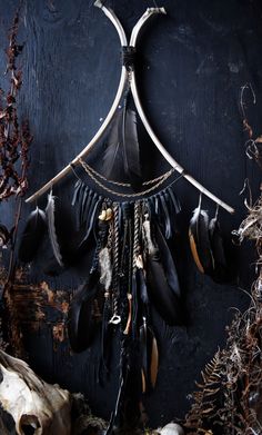 a black and white dream catcher with feathers hanging from it's back