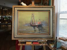 an oil painting of a boat in the water