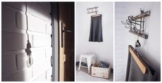 three pictures of the inside of a room with white brick walls and wooden door handles