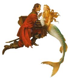 a man and woman riding on the back of a mermaid in an old fashion costume