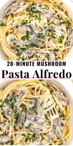 two pictures of pasta with mushrooms and parsley in white bowls, one has a fork