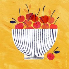 a painting of cherries in a striped bowl on a yellow background with black and white stripes