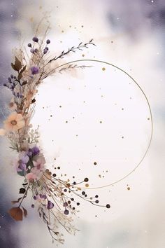 a circular frame with flowers and leaves in the middle on a purple background, surrounded by gold confetti