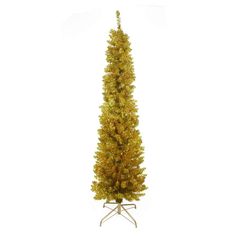 a gold tinsel christmas tree on a stand