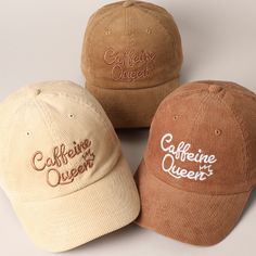 Caffeine Queen Letter Embroidery Corduroy Cap, Unisex Cozy Corduroy Baseball Cap, Outdoor Stylish Everyday Hat, Adjustable Cap. This custom embroidery baseball cap is the perfect choice for everybody! Perfect for dog walking, the beach, the gym, the pool, and everyday wear!  It's fully adjustable and easy to style!   Detail & Features 🧢 ** - "Caffeine Queen" Letter Graphic Design - 6-Panel Design Corduroy Baseball Cap - 100% Cotton - Adjustable Buckle Closure - Relaxed Fit and Pre-Curved Visor Trendy Brown Cotton Baseball Cap, Brown Baseball Cap With Embroidered Logo, Everyday Corduroy Cap, Corduroy Baseball Cap With Embroidered Logo, Cotton Baseball Cap With Embroidered Text, Trendy Caps, Caffeine Queen, Embroidered Baseball Caps, Womens Baseball Cap