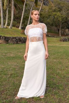 Everlasting Poise White Sheer Pearl Beaded Two-Piece Maxi Dress Rehersal Dinner Dresses, Rehearsal Dinner Outfit, Bridal Crop Top, Sheer Mesh Top, Vegas Dresses, Rush Dresses, Shower Dresses, Crop Top Skirt, Feather Dress