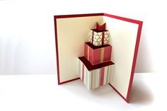 Inside of a greeting card with pop up gift boxes in Christmas wrap. Pop Up Card Templates, Card Making Templates, Pop Up Box Cards, Up Book, Fancy Fold Cards, Christmas 2017, Fancy Folds, Fun Fold Cards, Card Tutorials