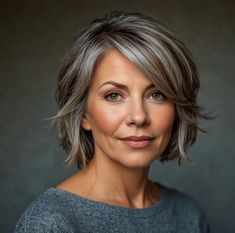 Salt And Pepper Hair Bob, Grey Hair Bob Older Women, Grey Hair Don't Care, Angled Bob Hairstyles, Medium Length Curly Hair, Gorgeous Gray Hair, Salt And Pepper Hair, Gray Hair Cuts, Blending Gray Hair