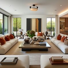 a living room filled with lots of furniture and large glass doors leading to an outside patio