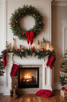 a fireplace decorated for christmas with stockings and wreaths