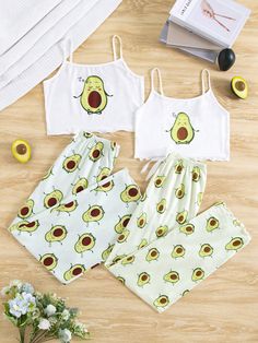 Teen Girl Avocado Print Camisole & Straight Leg Pants 2pcs Knitted Pajama Set Green Cute    Fruit&Vegetable,All Over Print Pant Sets Slight Stretch  Teen Girls Clothing, size features are:Bust: ,Length: ,Sleeve Length: Cute Pajamas For Teens, Casual Sleeveless Sleepover Sets, Green Sleeveless Sleep Sets, Sleeveless Green Sleep Sets, White Sleeveless Sleepover Clothing Set, White Sleeveless Sleepover Set, Ultimate Sleepover, Avocado Print, Print Pant