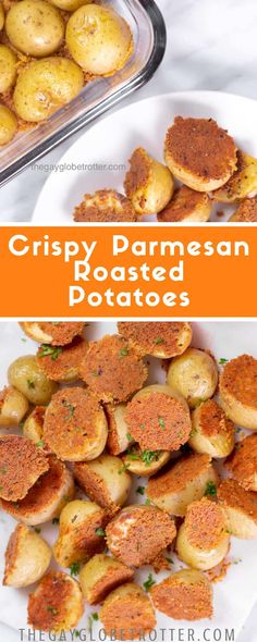 crispy parmesan roasted potatoes on a white plate with the title above it