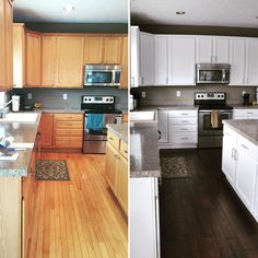 two pictures of a kitchen with wood floors and white cabinets, one has stainless steel appliances