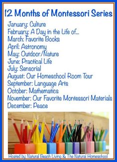 the 12 months of montessoi series is shown in blue and white with colorful pencils