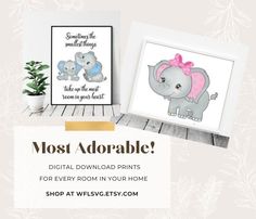 two framed pictures with the words most adorable on them and an elephant holding a pink bow