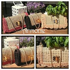 four pictures of different purses and one is made out of crocheted material