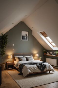 a bed sitting under a window in a bedroom next to a lamp on a table