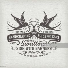 an old fashioned logo with two birds and ribbon on the corner, for handcrafted wedding