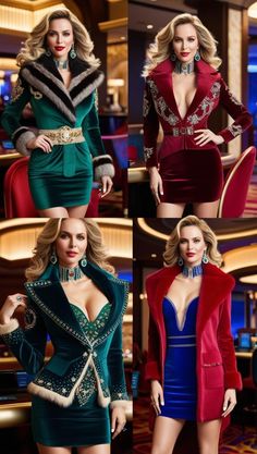 four different pictures of women in dresses and jackets