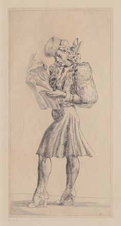 a drawing of a woman in a dress and fur coat holding a bag while looking at something