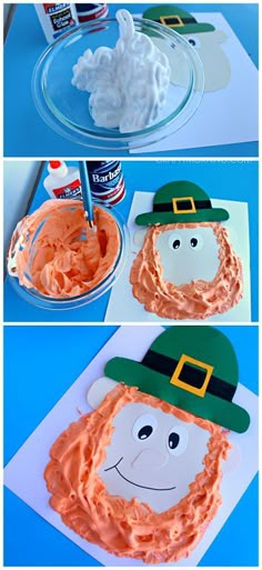 three pictures of st patrick's day cake with orange frosting and a lepreite hat