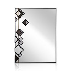 an art deco mirror with black and white geometric designs on the frame, against a white background