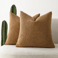 two brown pillows sitting on top of a white couch next to a green cactus plant