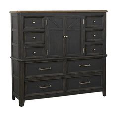 a black dresser with drawers and doors on the bottom shelf, in front of a white background