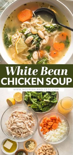 white bean chicken soup with carrots, broccoli and other ingredients in bowls