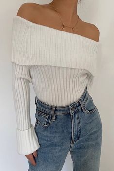 White Off Shoulder Sweater, Sweater With Jeans, Off Shoulder Fashion, Trendy Fall Outfits, White Off Shoulder, Off Shoulder Sweater, Rhinestone Dress, Fall Fits, Ribbed Knit Sweater