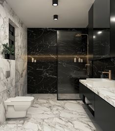 a bathroom with black and white marble walls