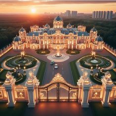 an aerial view of a large building with many lights on it's front entrance