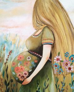 a painting of a pregnant woman with flowers on her belly and the words, i love you