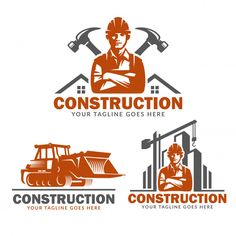 the logo for construction company with a man holding a hammer and working on a building