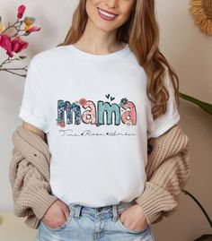 Floral Mama T-Shirt, Personalized Mom Shirt With Kids Names, Gift For Mom, Mothers Day Gift, Mothers Day Shirt, Mom Tee, Mama Shirt, Mama Gift  -Our shirts are made to order specially for YOU. Please check our color and size charts before you place your order. If you have any questions please send us a message to clarify sizing or colors. - Please contact us via message box if you like to add or change anything on the design that's shown on the pictures to make sure if your request can be done or not. If you do not contact us for a request before you order, we do not guarantee extra request to be done and send the items as shown in the pictures. - Please check the color charts for the size and type of the t-shirt you like, not every color is available for each type of t-shirt, drop down co Mama T Shirt, Types Of T Shirts, Kids Names, Mama Gifts, Mama Shirts, Message Box, Mom Tees, Mothers Day Shirts, High Quality T Shirts