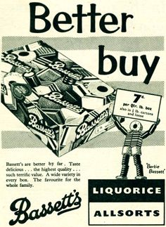 an advertisement for bassett's chocolates from the 1950's, featuring a boy holding up a box