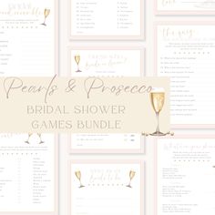 the bridal shower games bundle includes champagne glasses and menus for each guest to use