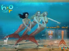 three mermaids are swimming in the ocean with their tails spread out and feet extended