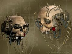 two skull heads with wires attached to them, one in the shape of a robot head