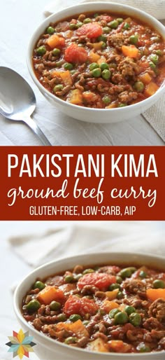 two bowls filled with food and the words pakistan kima ground beef curry on top